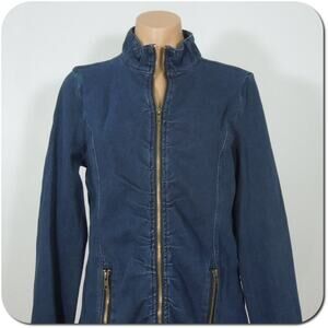 LAURA ASHLEY Denim Jacket S SMALL Womens Ruched Zip Front Two Zipped Pockets